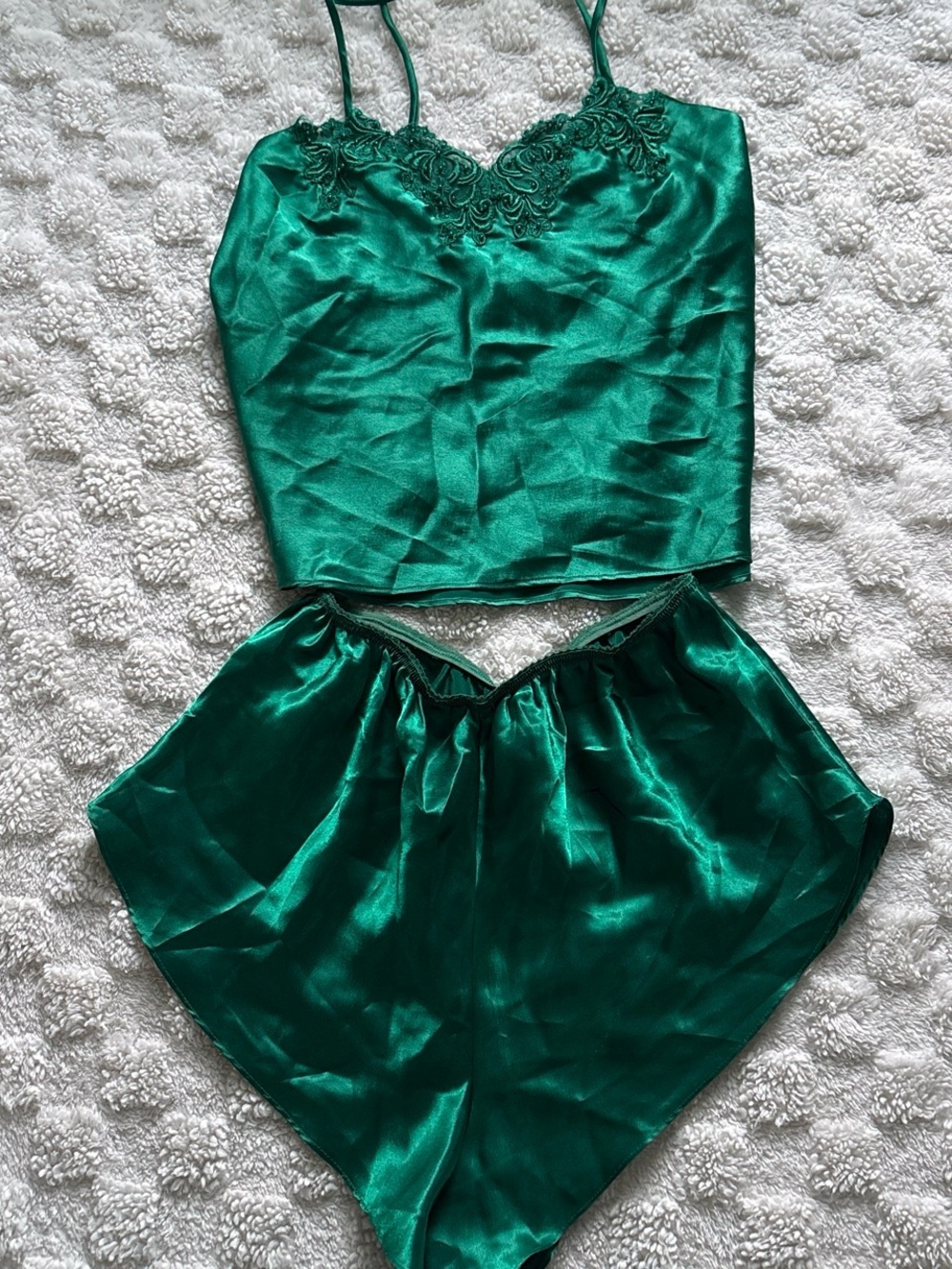 Victoria's Secret Emerald Satin Lace-Trim Cami & Shorts Set